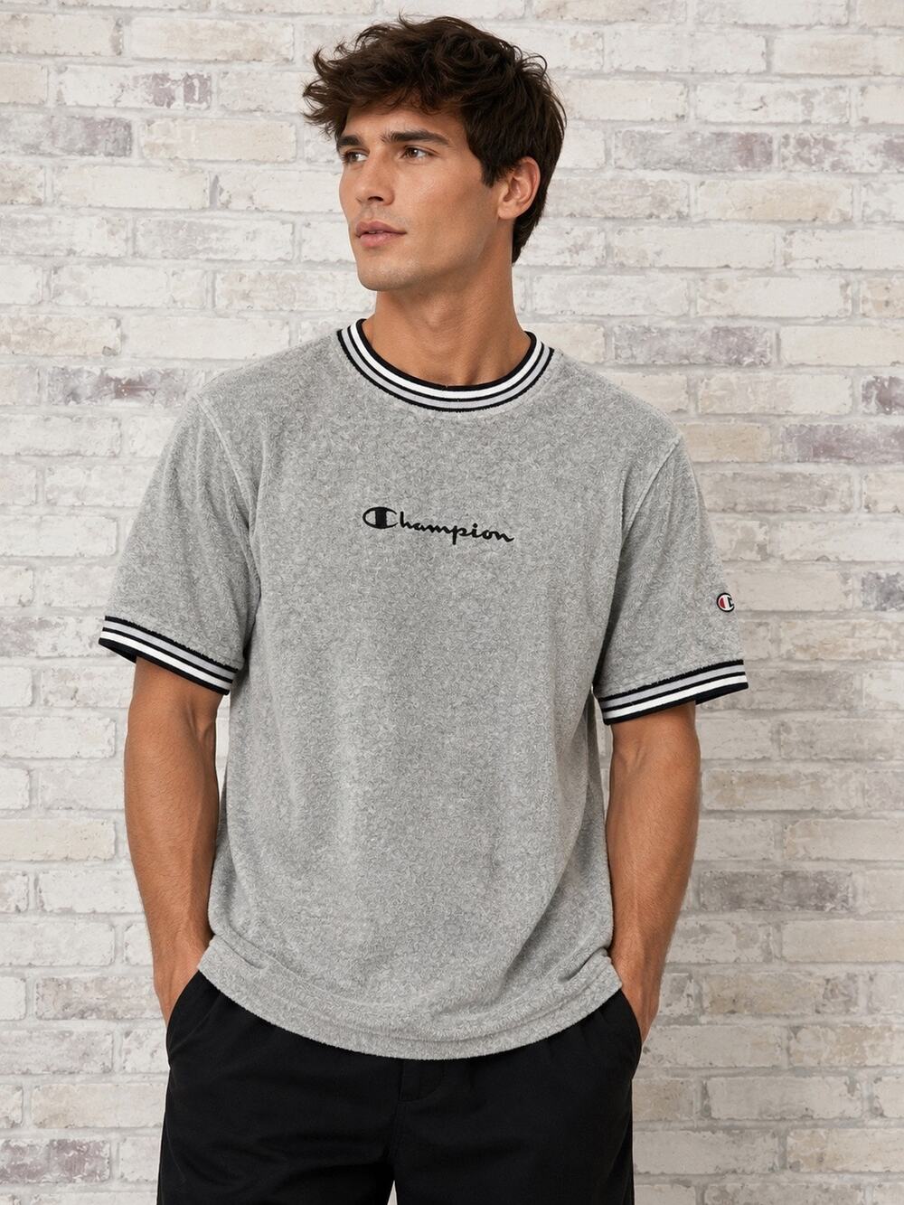 Champion Terry Cloth Ringer T Shirt Men’s Medium Gray Black Logo Retro
